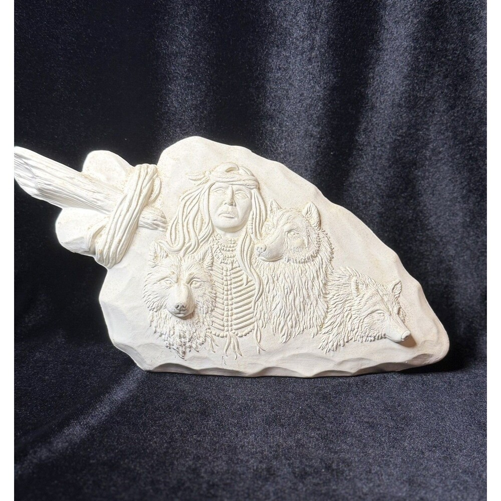 Vintage Ceramic Bisque Arrowhead Statue Figurine With Native American & Wolves
